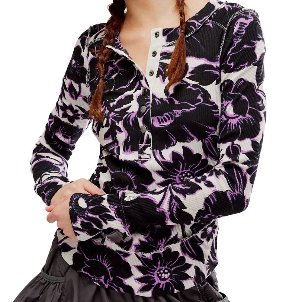 Free People FP Movement Rally Floral Printed Long Sleeve Henley Shirt XS NWT